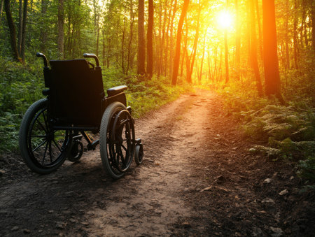 Escape to tranquility on this wheelchair-accessible forest path Immerse yourself in the serene beauty of nature, enjoying scenic views and peaceful sounds Explore accessible trails, breathe in fresh air, and find relaxation amidst the trees This peaceful journey offers nature therapy and breathtaking scenery for all AI Generativeの素材