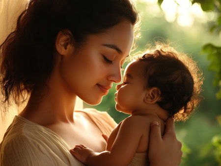 A loving mother cradles her baby, her touch gentle and reassuring Her gaze, filled with adoration, reflects her unwavering devotion In this tender embrace, she provides care, support, and unconditional love, ensuring her child's happiness and well-being This is a moment of pure maternal affection, a bond unbreakable and everlasting AI Generativeの素材
