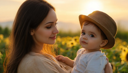 Amidst a vibrant field of sunflowers, a mother cradles her child in a loving embrace The warmth of her touch and the gentle sway of the flowers create a scene of pure comfort and support This tender moment captures the unwavering bond between mother and child, a sanctuary of love AI Generativeの素材