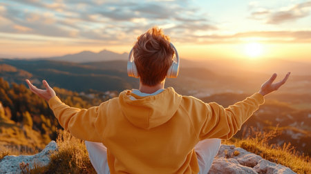 As the sun dips below the horizon, painting the sky in vibrant hues, a man stands silhouetted on a mountain cliff Headphones envelop his head, channeling serenity and freedom The breathtaking landscape inspires a sense of tranquility and mindfulness, as he embraces the beauty of nature and the quietness of AI Generativeの素材