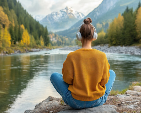 A woman seeks inner peace amidst the serene beauty of a flowing river Headphones provide a soundtrack for her meditation, amplifying the tranquility of nature Embracing the great outdoors, she finds mindfulness in the gentle rustling of leaves and the rhythmic murmur of the water AI Generativeの素材