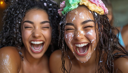 A birthday bash brimming with joy! Friends celebrate with laughter and cake, culminating in a playful face smear The chaos is captured in picture-perfect memories, a testament to the unforgettable fun and camaraderie shared AI Generativeの素材