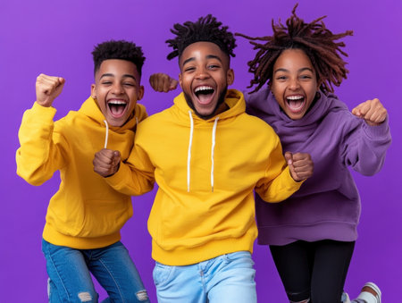 A vibrant purple backdrop sets the stage for a joyous celebration of friendship Diverse friends, brimming with energy, leap and laugh, their contagious joy reflecting the essence of true camaraderie This captivating image captures the spirit of life's moments, lived with enthusiasm and togetherness AI Generativeの素材