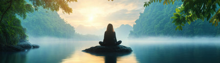 Escape to a hidden forest oasis, where a serene woman finds inner peace and tranquility amidst a misty lake Immerse yourself in nature's embrace and embark on a spiritual journey to the heart of nature Discover the calming power of the natural world and find your own inner harmony AI Generativeの素材