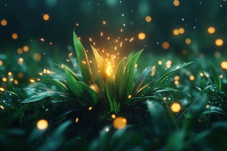 Imagine a mystical forest bathed in ethereal glow A plant, its leaves sparkling like magic, is adorned with twinkling fairy lights Bokeh effects create a dreamy atmosphere, capturing the enchanted nature of this fantastical scene This nature photography transports you to a world of wonder and light AI Generativeの素材