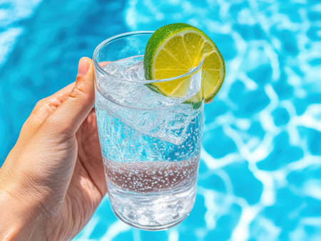 Relax by the pool on a sunny day and quench your thirst with a refreshing glass of water Stay hydrated and cool as you bask in the warmth and enjoy the tranquility of your surroundings It's the perfect way to unwind and recharge on a beautiful day AI Generativeの素材