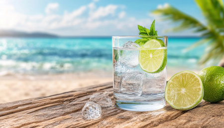 Escape to the sun-kissed shores with a refreshing drink that embodies the essence of summer Crisp, cold water infused with zesty lime and ice provides perfect hydration and a revitalizing taste This healthy beverage is your perfect companion for a day of beachside bliss and wellness AI Generativeの素材