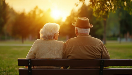 Bathed in the warm glow of a setting sun, an elderly couple rests on a park bench, their intertwined hands a testament to a lifetime of shared love The serenity of the evening mirrors the peace they find in each other's presence, their love a beacon of enduring companionship AI Generativeの素材
