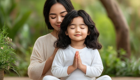 A mother and daughter find solace in nature, practicing mindfulness together Their shared experience strengthens their bond, nurturing the child's well-being and happiness The tranquil setting provides a space for connection and growth, creating lasting memories of love and care AI Generativeの素材