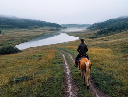 As the sun paints the sky with hues of gold and pink, a serene horseback rider explores a misty lakeside trail The tranquil morning ride offers breathtaking views of a picturesque landscape, where calm water reflects the serene beauty of nature Every step echoes with peace, leaving an imprint of AI Generativeの素材