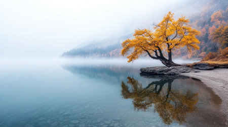 A blanket of ethereal fog rolls across a tranquil lakeshore, untouched by human presence The air, crisp and clean, carries a sense of serenity, enhancing the peaceful atmosphere This captivating image captures the raw beauty of nature in its most pristine state AI Generativeの素材