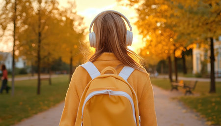 Amidst the vibrant hues of autumn, a woman strolls through a tranquil park, her headphones blocking out the world Soothing music washes over her, a tranquil soundtrack to her peaceful walk The air is crisp, the leaves rustle underfoot, and the serenity of the scene is palpable She finds solace AI Generativeの素材
