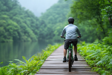 A tranquil cyclist glides along serene lakeside paths, embracing the quiet beauty of nature The gentle breeze whispers through the trees, creating a symphony of peace as they journey through a landscape of breathtaking serenity This is a peaceful escape, a moment of quiet contemplation amidst the wonders of the AI Generativeの素材