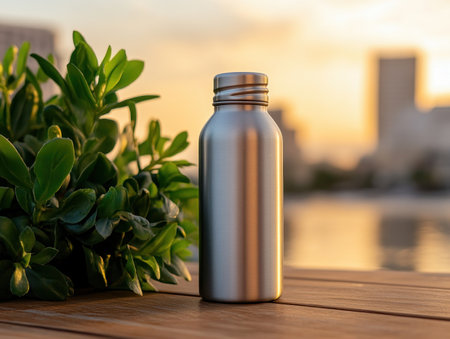 Embrace a healthy lifestyle with our stainless steel water bottle Enjoy cool, refreshing water all day long, gleaming under the sun's warmth This durable companion keeps your hydration levels up and your thirst quenched, making it the perfect choice for an active life AI Generativeの素材