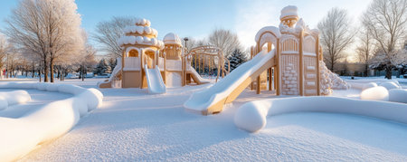 Escape to a winter wonderland playground! Kids of all ages will love the frosty slides, candy swings, and snowy park escape This magical setting offers the perfect blend of fun and winter charm, creating unforgettable memories for everyone AI Generativeの素材