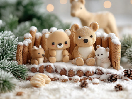 Bring the magic of winter to your holiday decor with this charming Gingerbread Zoo Tiny candy animals frolic in snowy gingerbread enclosures, creating a delightful scene perfect for a Christmas Wonderland This adorable centerpiece will add a touch of sweetness and whimsy to your festive celebrations AI Generativeの素材