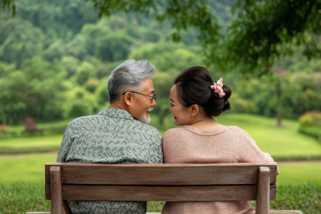 Two beaming seniors, hand in hand, find solace in their peaceful garden Seated comfortably on a bench amidst nature's embrace, they exude contentment and shared love Their smiles reflect the joys of retirement, a testament to a lifetime of connection and care AI Generativeの素材
