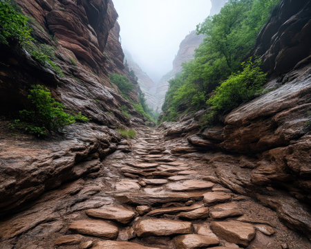 Escape into a serene canyon cloaked in tranquil fog, where untouched wilderness unfolds Breathe in the fresh air, surrounded by rugged cliffs and breathtaking views Discover the beauty of a secluded escape, where mist drifts through nature's embrace, offering tranquility and scenic wonder AI Generativeの素材