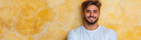 A radiatingly happy man leans casually against a sunny yellow wall, his relaxed smile radiating positive vibes He embodies a carefree spirit, dressed in casual attire, effortlessly conveying joy and contentment This stock photo captures the essence of optimistic energy and a joyful outlook on life AI Generativeの素材