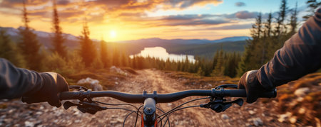 Embark on a thrilling mountain biking adventure as dawn breaks Traverse scenic forest trails, the crisp air invigorating your senses As you approach a tranquil lake, the breathtaking sunrise paints the sky with vibrant hues, creating a truly unforgettable experience AI Generativeの素材