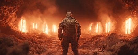 A lone traveler, bathed in the soft glow of ancient runes, stands within a mystical cave The air hums with secrets, the runes whispering untold truths Their gaze, filled with wonder and intrigue, seeks answers amidst the enigmatic symbols, inviting viewers to journey into the depths of this ancient world AI Generativeの素材