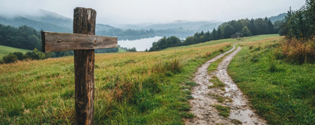 Escape to tranquil beauty on a serene mountain bike ride Breathe in fresh air as you glide through misty fields, the distant lake a shimmering promise Embrace the quiet adventure, where nature's serenity washes over you AI Generativeの素材