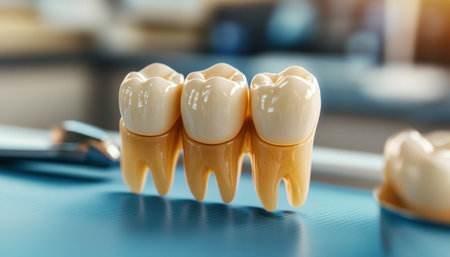 This lifelike prosthetic tooth model, perfect for dentists and patients, showcases the artistry and precision of custom dental prosthetics Its realistic design and intricate anatomy allow for clear patient education, demonstrating the natural appearance and function of a restored tooth This high-quality model is an essential tool for understanding the AI Generativeの素材
