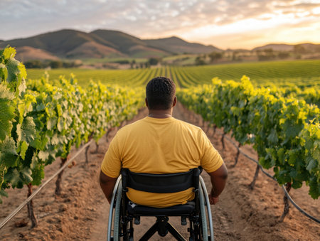A wheelchair user experiences the beauty of Wine Country on an accessible tour Embracing freedom and independence, they explore vineyards, taste delicious wines, and create lasting memories on an inclusive journey designed for everyone to enjoy AI Generativeの素材
