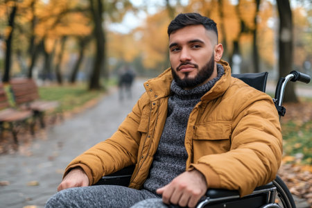 A wheelchair user finds peace and tranquility in a modern, inclusive park Wide-open green spaces offer freedom and mobility in nature, fostering a sense of independence and serenity This accessible outdoor space allows for peaceful relaxation and enjoyment of the natural world AI Generativeの素材