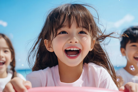 Sunlight paints the sky as children, faces alight with glee, chase shimmering bubbles Laughter fills the air, a soundtrack to their summer fun Outdoor joy spills from every playful gesture, creating a memory etched in sunshine and laughter AI Generativeの素材