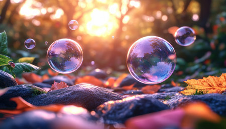 Golden sunlight bathes a garden as children chase iridescent bubbles, their joyful laughter echoing through the air Their infectious energy and pure, unbridled happiness capture the essence of childlike wonder and playful delight This moment of pure bliss embraces the beauty of nature's golden hour AI Generativeの素材