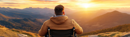 A wheelchair user finds freedom and adventure on an accessible mountain path This inspiring journey showcases the power of inclusivity, allowing everyone to experience the beauty and tranquility of nature The path, designed for all abilities, empowers individuals to explore the outdoors and embrace the spirit of adventure AI Generativeの素材