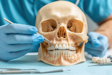 This image depicts a dentist meticulously placing a dental implant into a patient's jawbone An X-ray image in the background provides guidance for the procedure The image highlights the meticulousness of dental implant restoration, showcasing the professional care involved in this complex procedure AI Generativeの素材