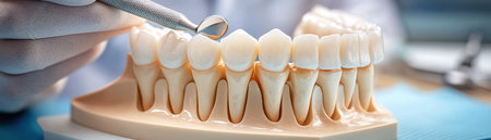 Experience the pinnacle of dental prosthetic technology A skilled dentist utilizes a microscope to perform intricate adjustments on a prosthetic tooth, ensuring a perfect fit and natural appearance With meticulous precision and extreme detail, this technique delivers a truly remarkable result AI Generativeの素材