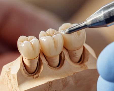 A skilled dental lab technician meticulously aligns a custom prosthetic tooth with a patient's bite model, ensuring a natural appearance and precise fit This process utilizes advanced dental technology to create bespoke prosthetics that restore function and aesthetics, highlighting the precision and artistry involved in modern dentistry AI Generativeの素材