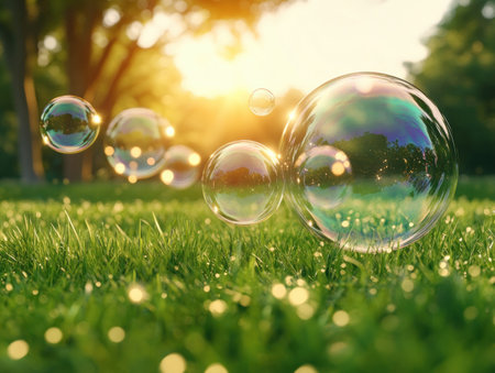 Sunlight bathes a park as children chase shimmering bubbles, their laughter echoing through the air Joyful moments unfold as they revel in the magic of childhood, capturing the simple bliss of summer days with each playful pop and float AI Generativeの素材