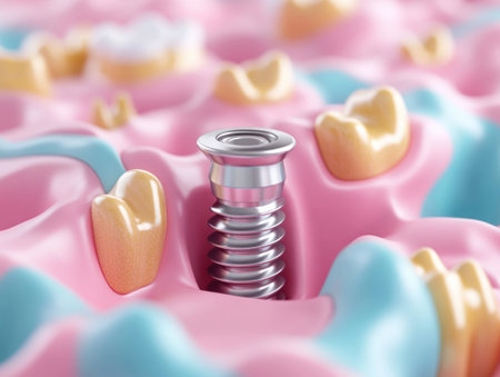 A close-up view captures the delicate precision of dental implant surgery A gleaming titanium screw, the foundation for tooth restoration, is meticulously placed into the jawbone The image highlights the intricate process of restoring smiles with advanced technology and surgical expertise AI Generativeの素材