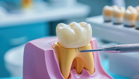 A dentist meticulously adjusts a dental crown with precision tools, ensuring a perfect fit for optimal comfort and functionality This meticulous process guarantees the crown seamlessly integrates with the patient's natural teeth, restoring their smile and bite to their former glory AI Generativeの素材