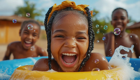 Sunlight paints the sky as children chase shimmering bubbles, their laughter echoing through the warm air This quintessential summer scene overflows with joy, capturing the pure happiness of childhood play Sparkling bubbles and sun-kissed smiles create memories that will last a lifetime AI Generativeの素材