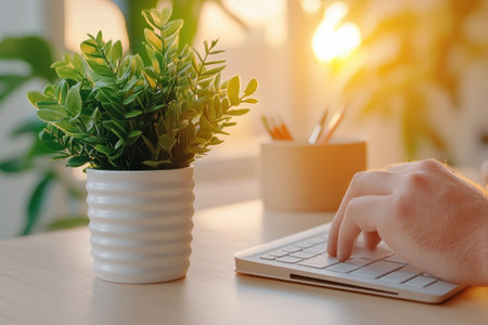 Maximize productivity and focus with this minimalist workspace setup A clean desk is your canvas for success, featuring a sleek keyboard, essential stationery, and practical tools This streamlined environment eliminates distractions, allowing you to concentrate and achieve your goals AI Generativeの素材