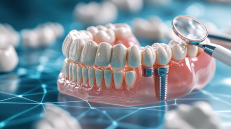 A dedicated dentist guides a patient through a personalized dental health plan, covering all aspects of comprehensive oral care From preventive measures to advanced treatment options, the professional explains each step in detail, ensuring the patient feels informed and confident about their oral health journey AI Generativeの素材