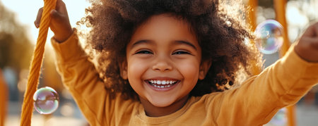 Sunlight paints a warm glow on a park, where a child's laughter rings out like a joyful symphony Tiny hands chase shimmering bubbles, each burst a burst of pure delight This is the essence of childhood - carefree, vibrant, and full of unadulterated fun AI Generativeの素材