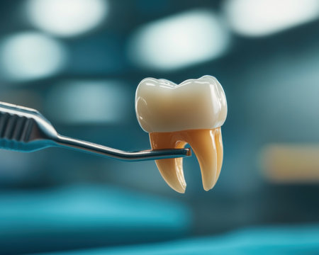 This close-up image captures the artistry of prosthetic tooth restoration Witness the meticulous craftsmanship as a skilled dentist meticulously sculpts a natural-looking replacement tooth Every detail is carefully considered, ensuring a seamless and functional integration with the patient's existing dentition The image highlights the precision and skill required for a AI Generativeの素材