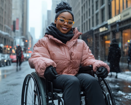 A stylish and confident woman embraces her wheelchair lifestyle, gliding through the vibrant city streets with effortless grace Her trendy outfit exudes urban elegance, showcasing her unique fashion sense and undeniable confidence She navigates the bustling city with a smile, proving that style and accessibility go hand in hand AI Generativeの素材