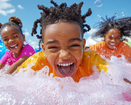 The sunbeams dance on giggling faces as children chase shimmering bubbles Laughter fills the air, a joyful symphony of summer fun Tiny hands reach for the fleeting spheres, their hearts overflowing with pure, unadulterated delight The memory of this moment, etched in laughter and sunshine, will last a lifetime AI Generativeの素材