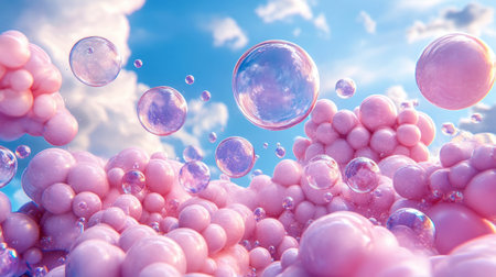 Children's laughter fills the air as they chase joyful bubbles, shimmering in the sunlight The breeze gently carries them, creating a magical dance across the bright blue sky It's a moment of pure delight, a reminder of simple joys and carefree days AI Generativeの素材