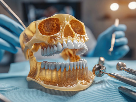 This high-resolution X-ray reveals the intricate detail of a successful dental implant restoration The image showcases the precision and artistry of modern dentistry, demonstrating how an implant seamlessly integrates with bone, providing a stable and natural-looking solution for missing teeth AI Generativeの素材