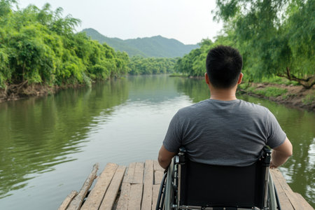 A wheelchair user finds solace and liberation by the serene riverside, embraced by nature's tranquility Surrounded by beauty, they experience a sense of independence and joy, proving that limitations can be overcome with a spirit of adventure and appreciation for the simple things AI Generativeの素材