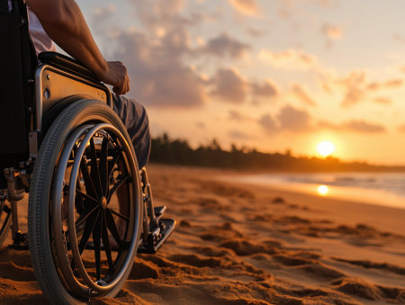 A wheelchair user basks in the warm sun on an accessible beach, enjoying the freedom and independence of the outdoors The scene celebrates mobility, leisure, and the joy of experiencing nature, proving that accessibility opens doors to everyone AI Generativeの素材