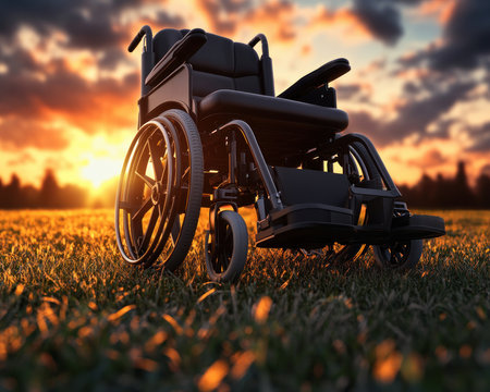 As the first rays of dawn paint the sky, a wheelchair glides through a sprawling field The rolling wheels symbolize the boundless potential of mobility, while the vast expanse represents independence and freedom The scene evokes a powerful message of overcoming limitations and embracing the beauty of nature AI Generativeの素材